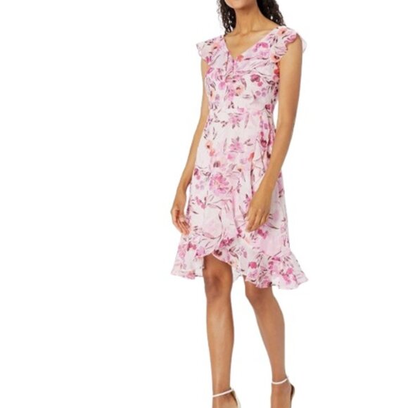 London Times Womens Faux Wrap Dress Pink Lilac Floral Ruffled Chiffon 10 New - Picture 1 of 2